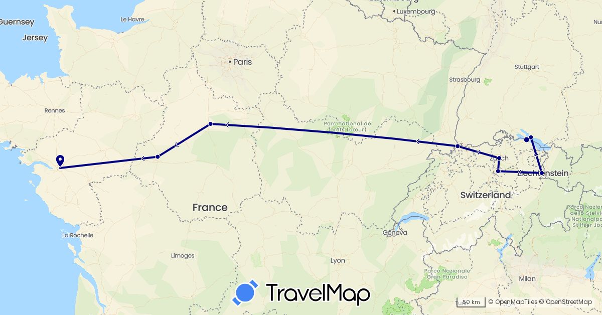 TravelMap itinerary: driving in Switzerland, Germany, France, Liechtenstein (Europe)